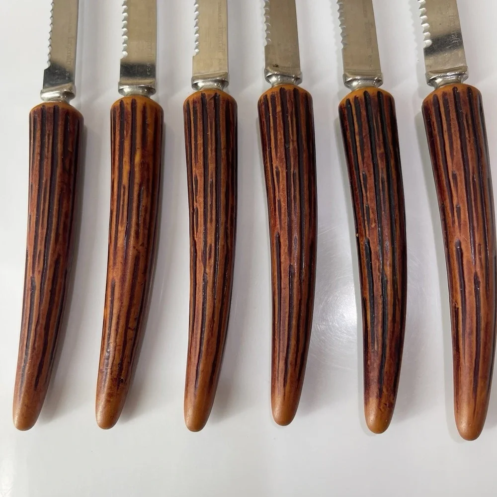 Vintage Stainless Forgecraft USA Steak Knives Set 6 Stag Faux Antler Handle MCM